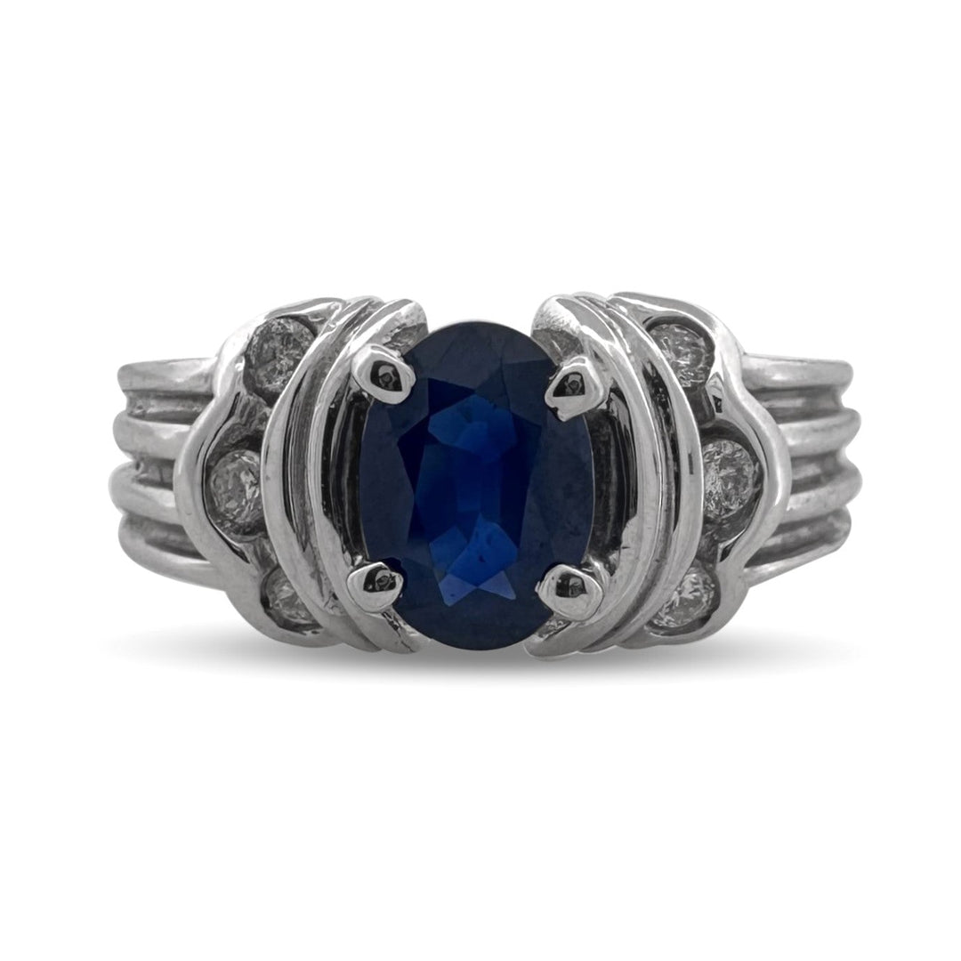 Oval Blue Sapphire & Round Brilliant Diamond Cocktail Ring in 14k White Gold
