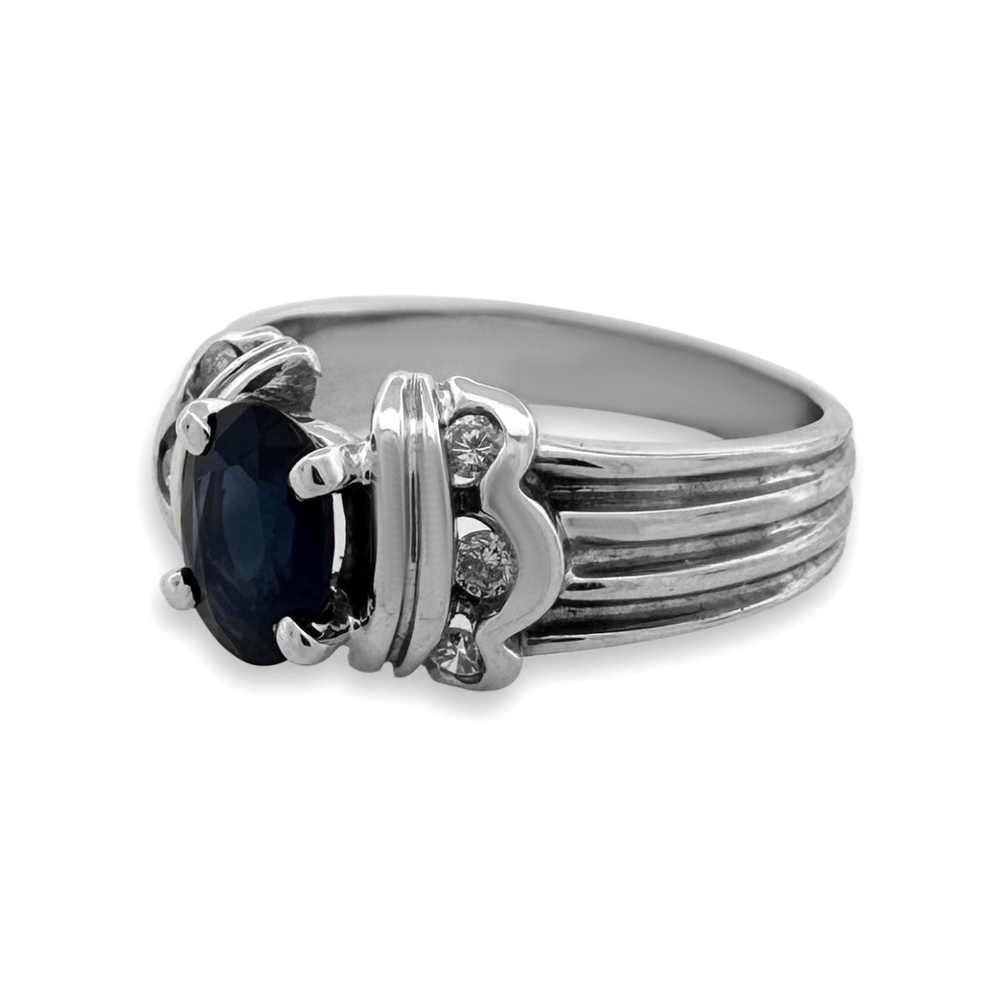 Oval Blue Sapphire & Round Brilliant Diamond Cocktail Ring in 14k White Gold