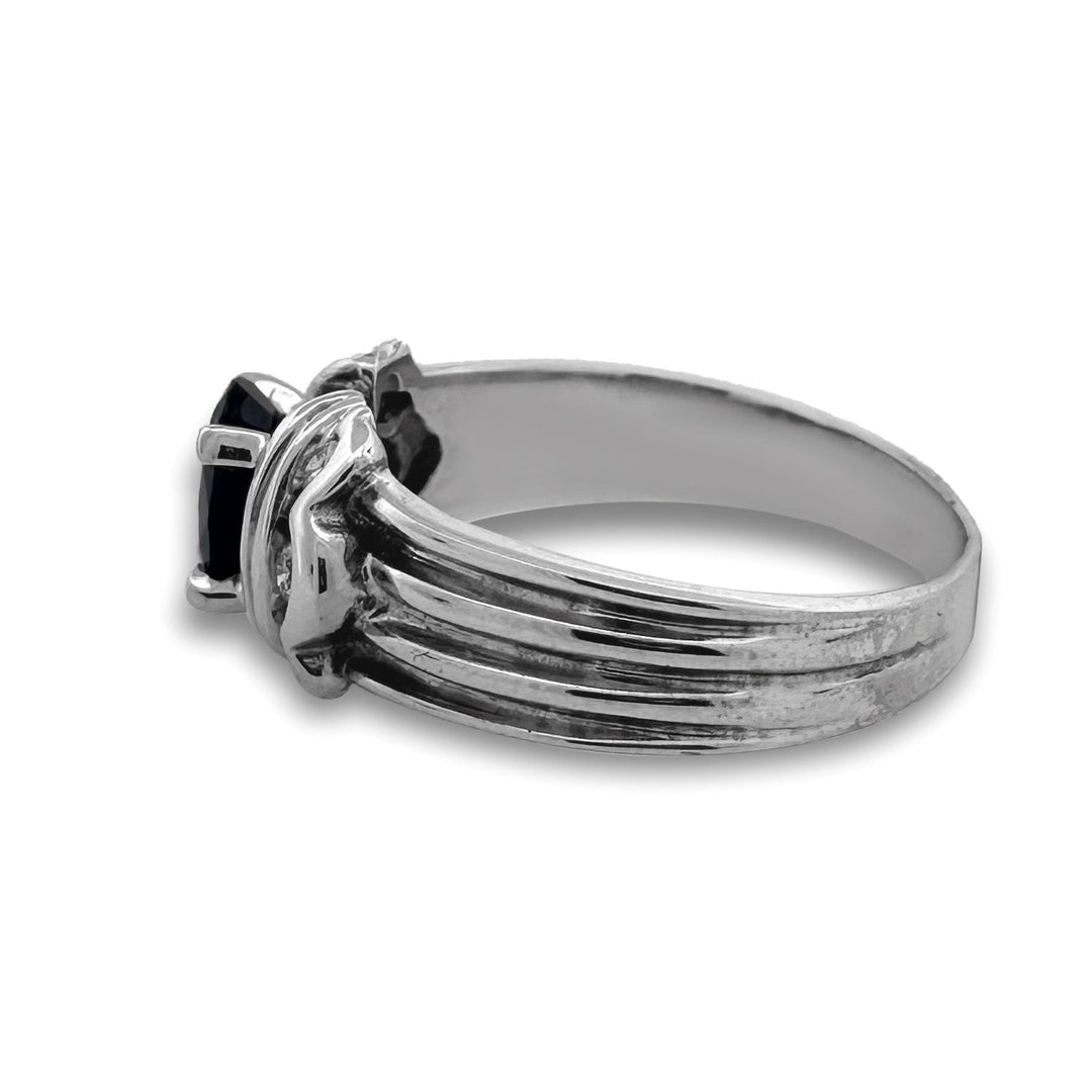 Oval Blue Sapphire & Round Brilliant Diamond Cocktail Ring in 14k White Gold