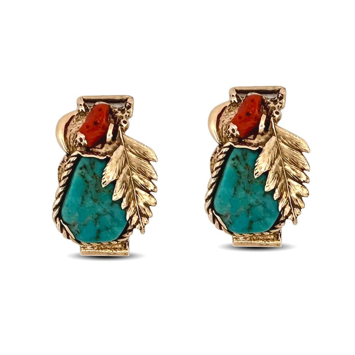 Southwestern Turquoise and Coral Watch Tips in 14k Yellow Gold