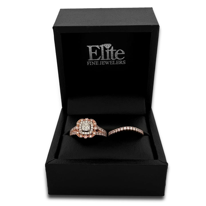 1.80ctw Cushion Cut & Round Brilliant Natural Diamond Double Halo Wedding Set in 14k Rose Gold by Neil Lane