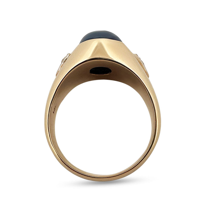Oval Blue Sapphire Cabochon and Natural Diamond Men's Ring in 14k Two-tone Gold
