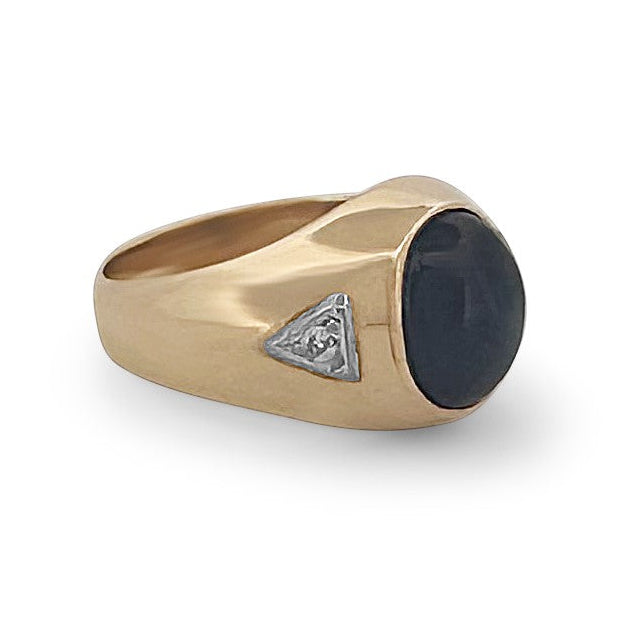 Oval Blue Sapphire Cabochon and Natural Diamond Men's Ring in 14k Two-tone Gold