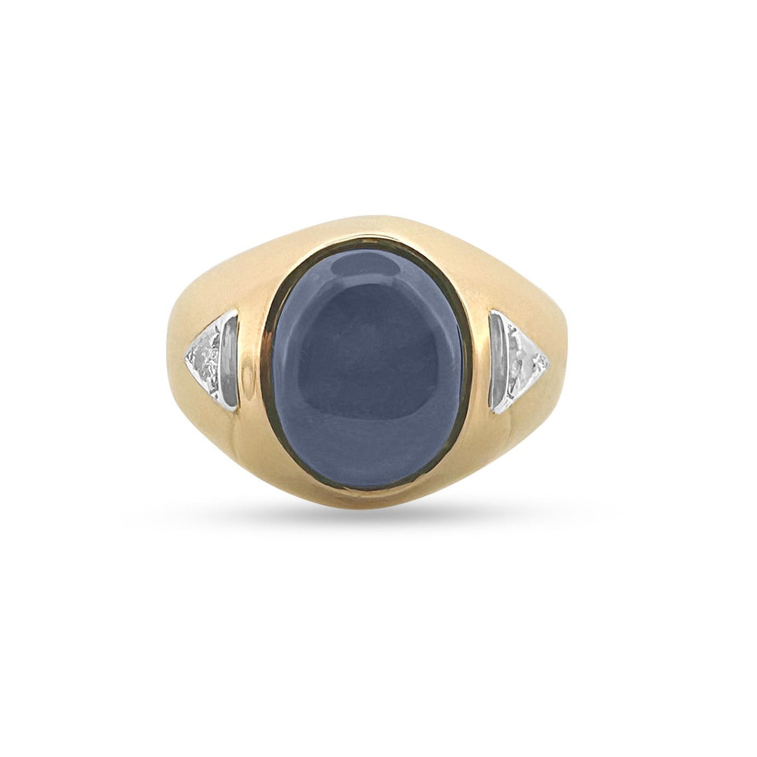 Oval Blue Sapphire Cabochon and Natural Diamond Men's Ring in 14k Two-tone Gold