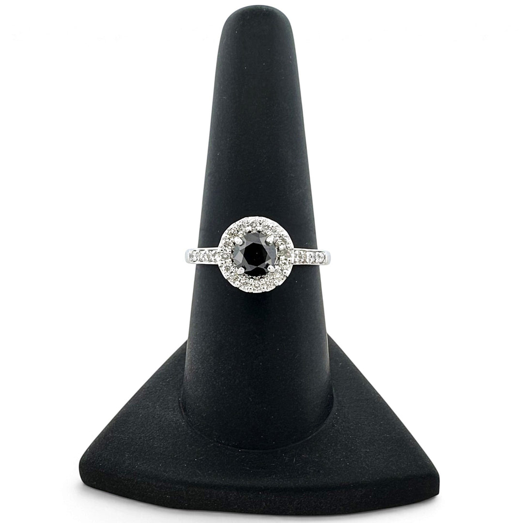 0.75ctw Black & Colorless Round Brilliant Natural Diamond Halo Engagement Ring in 14k White Gold