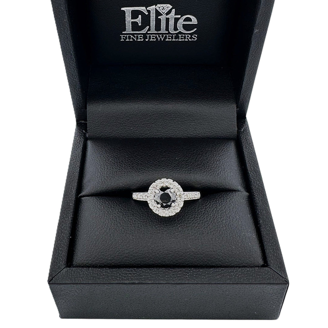 0.75ctw Black & Colorless Round Brilliant Natural Diamond Halo Engagement Ring in 14k White Gold
