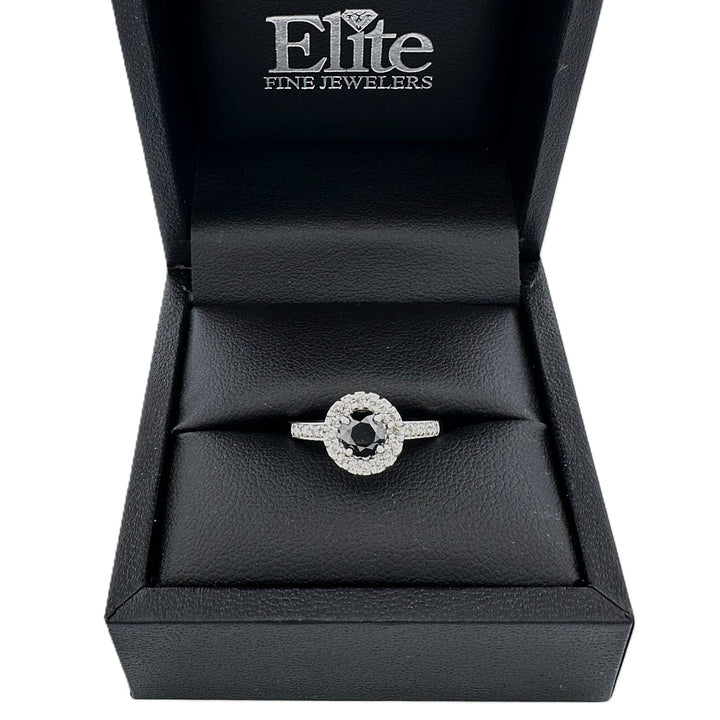 0.75ctw Black & Colorless Round Brilliant Natural Diamond Halo Engagement Ring in 14k White Gold