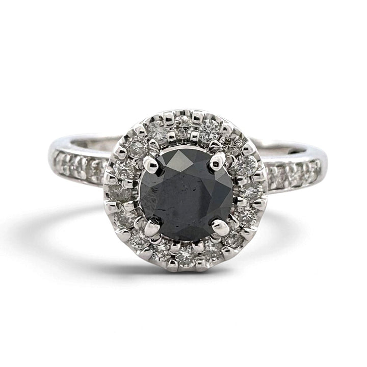 0.75ctw Black & Colorless Round Brilliant Natural Diamond Halo Engagement Ring in 14k White Gold