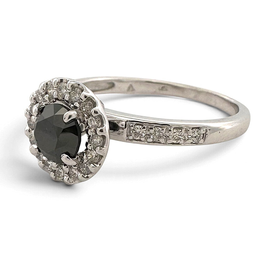 0.75ctw Black & Colorless Round Brilliant Natural Diamond Halo Engagement Ring in 14k White Gold
