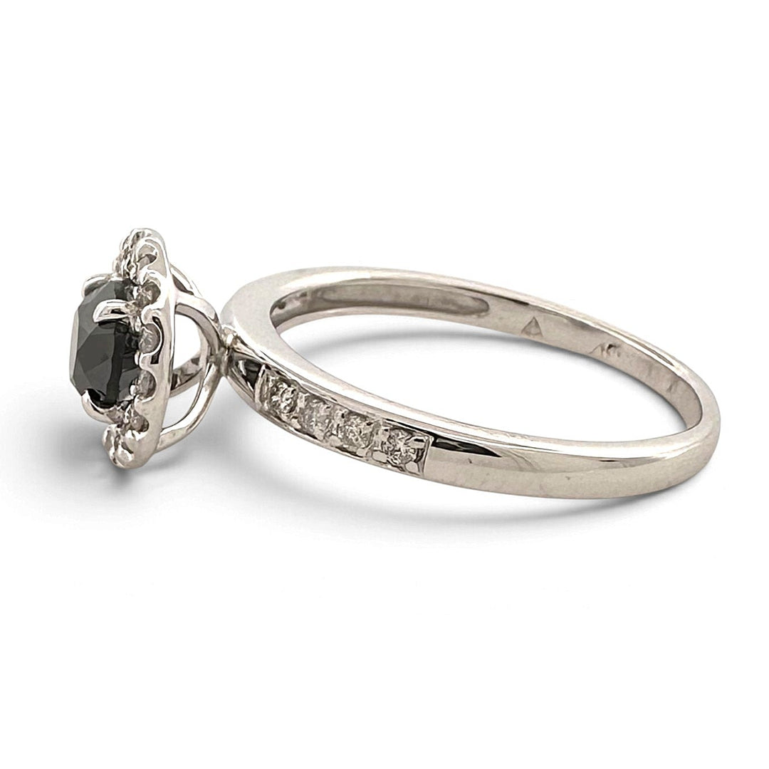0.75ctw Black & Colorless Round Brilliant Natural Diamond Halo Engagement Ring in 14k White Gold