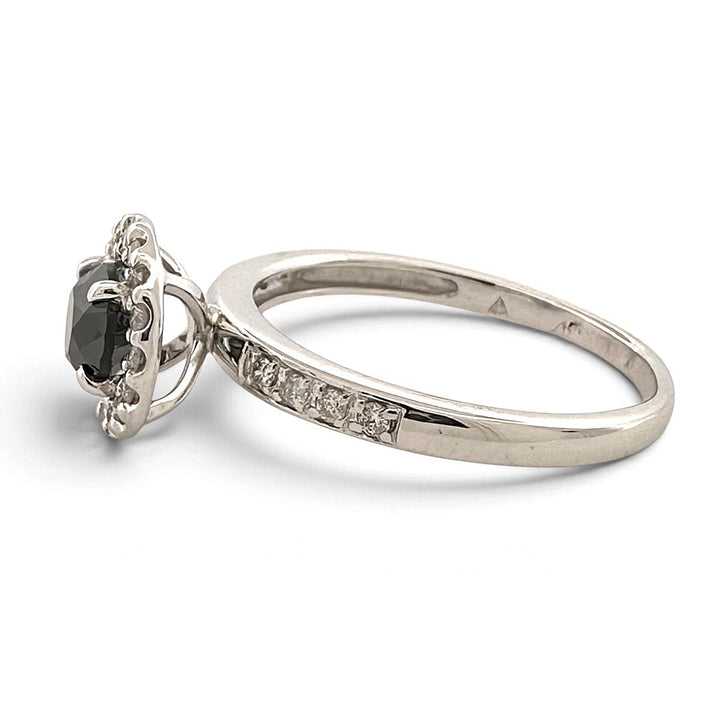 0.75ctw Black & Colorless Round Brilliant Natural Diamond Halo Engagement Ring in 14k White Gold