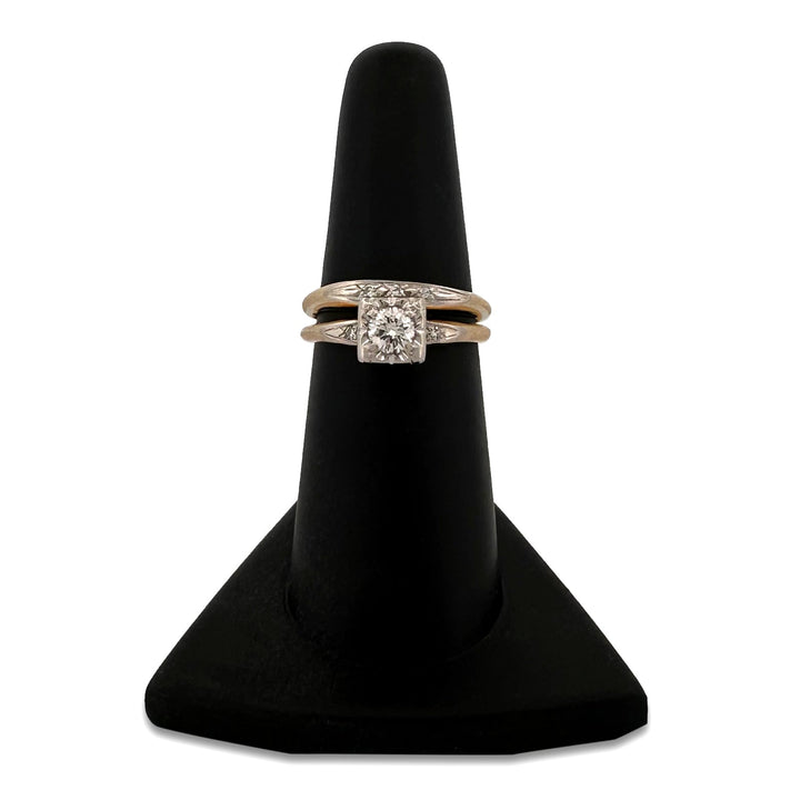 Vintage 0.36ctw Round Brilliant and Single Cut Natural Diamond Engagement Ring and Wedding Band Set in Two-Tone 14k Gold