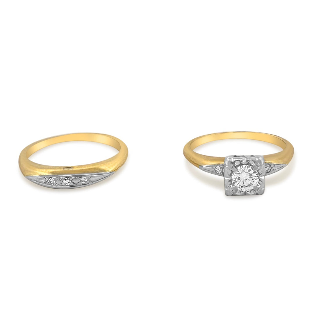 Vintage 0.36ctw Round Brilliant and Single Cut Natural Diamond Engagement Ring and Wedding Band Set in Two-Tone 14k Gold