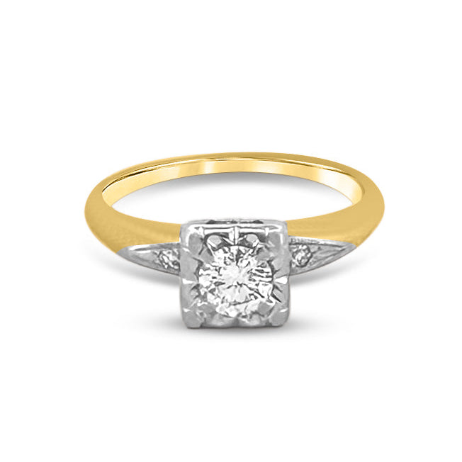 Vintage 0.36ctw Round Brilliant and Single Cut Natural Diamond Engagement Ring and Wedding Band Set in Two-Tone 14k Gold