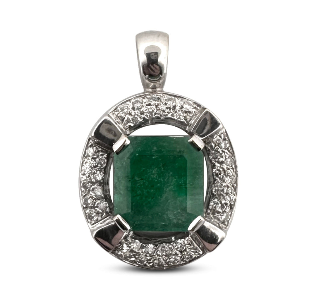 6.24cts Emerald and 0.50ctw Round Brilliant Diamond Pendant in 14k White Gold
