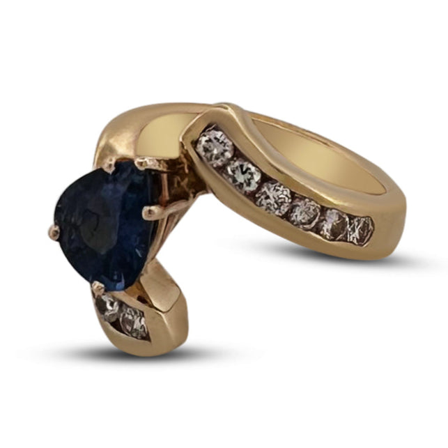 Pear Sapphire and Natural Diamond Cocktail Ring in 14k Gold Ring