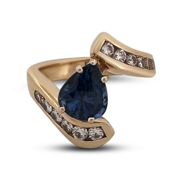 Pear Sapphire and Natural Diamond Cocktail Ring in 14k Gold Ring