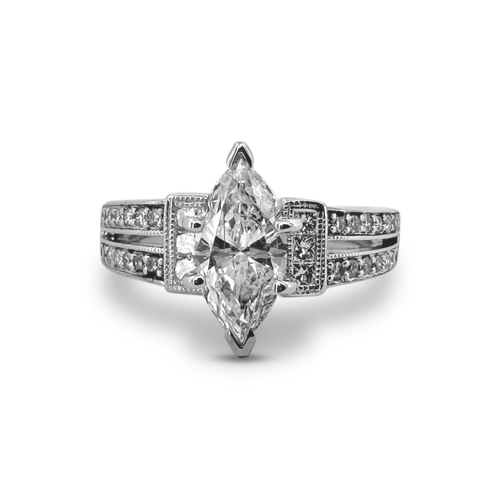 1.51ctw Marquise Cut With Princess and Round Brilliant Natural Diamond Engagement Ring in 14k White Gold