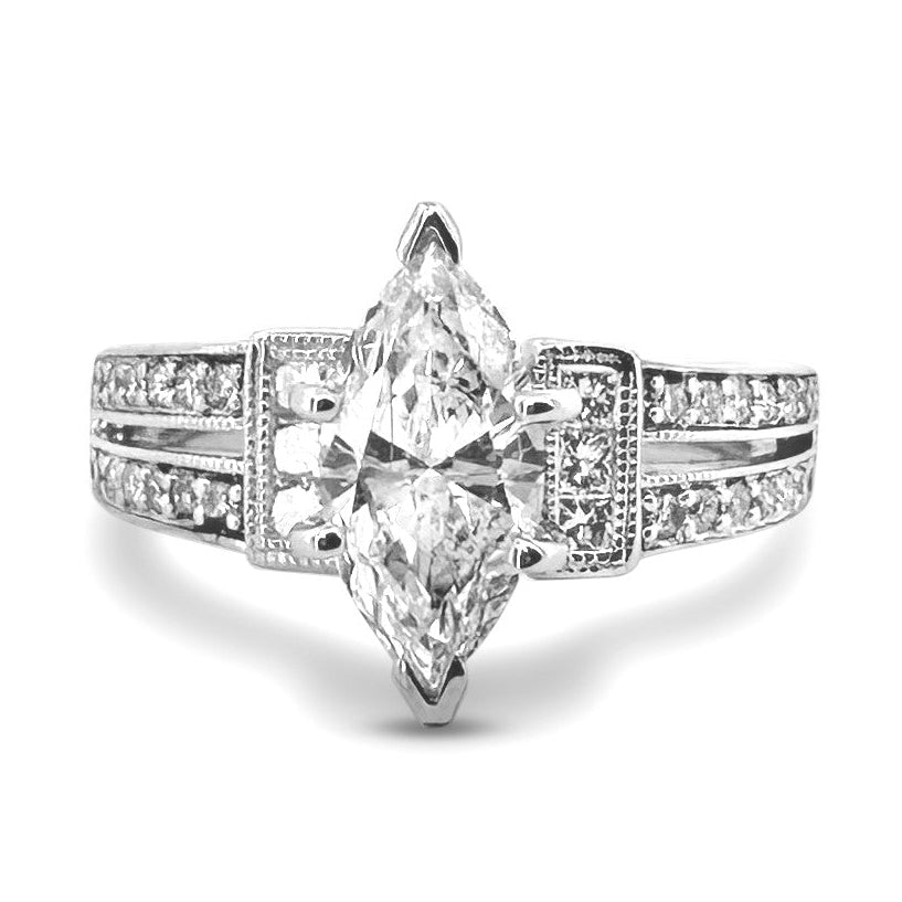 1.51ctw Marquise Cut With Princess and Round Brilliant Natural Diamond Engagement Ring in 14k White Gold