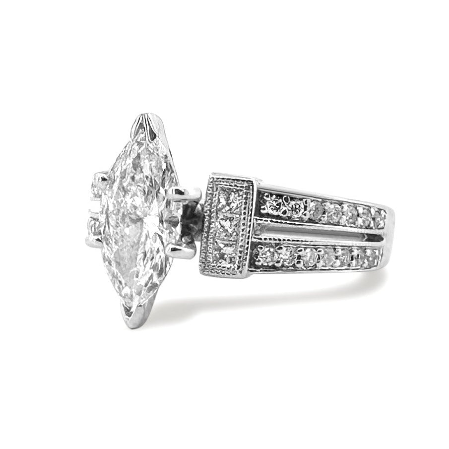 1.51ctw Marquise Cut With Princess and Round Brilliant Natural Diamond Engagement Ring in 14k White Gold