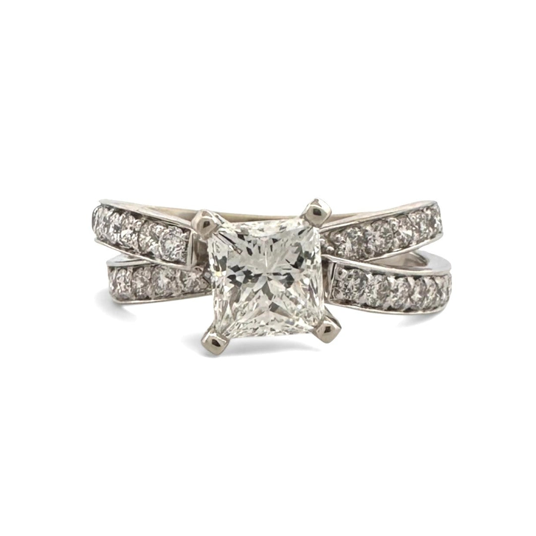 1.01ct Princess Cut Center with Round Brilliant Natural Diamond Crisscross Engagement Ring in 14k White Gold