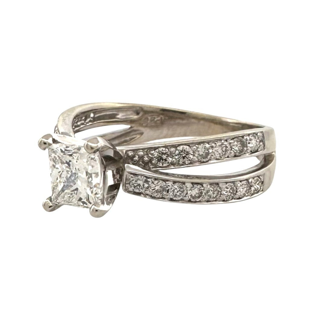 1.01ct Princess Cut Center with Round Brilliant Natural Diamond Crisscross Engagement Ring in 14k White Gold