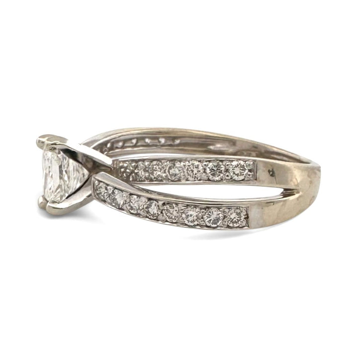 1.01ct Princess Cut Center with Round Brilliant Natural Diamond Crisscross Engagement Ring in 14k White Gold