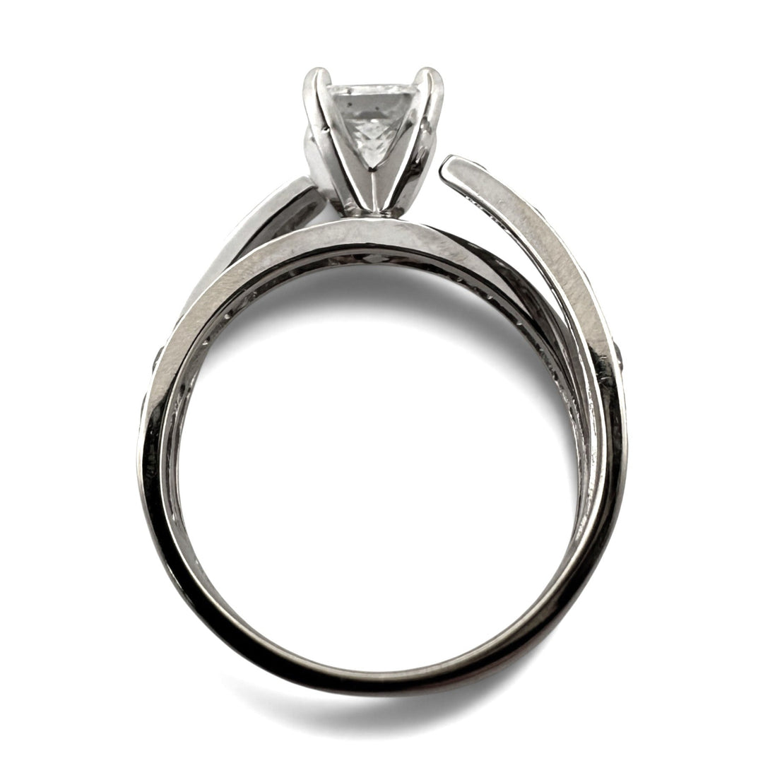1.01ct Princess Cut Center with Round Brilliant Natural Diamond Crisscross Engagement Ring in 14k White Gold