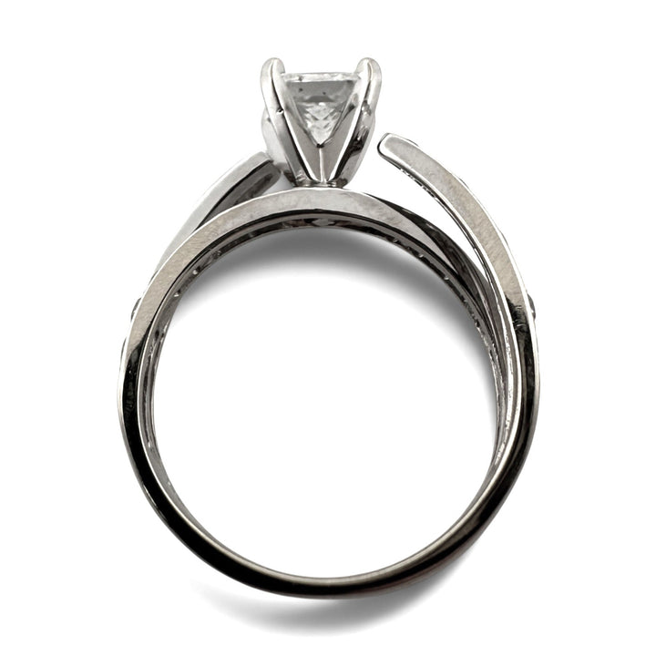1.01ct Princess Cut Center with Round Brilliant Natural Diamond Crisscross Engagement Ring in 14k White Gold