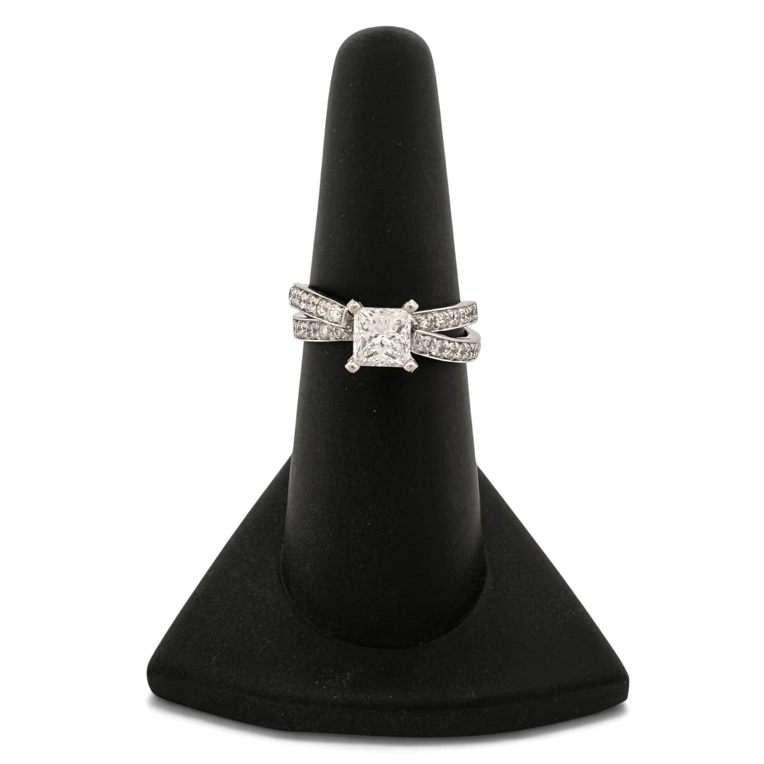 1.01ct Princess Cut Center with Round Brilliant Natural Diamond Crisscross Engagement Ring in 14k White Gold