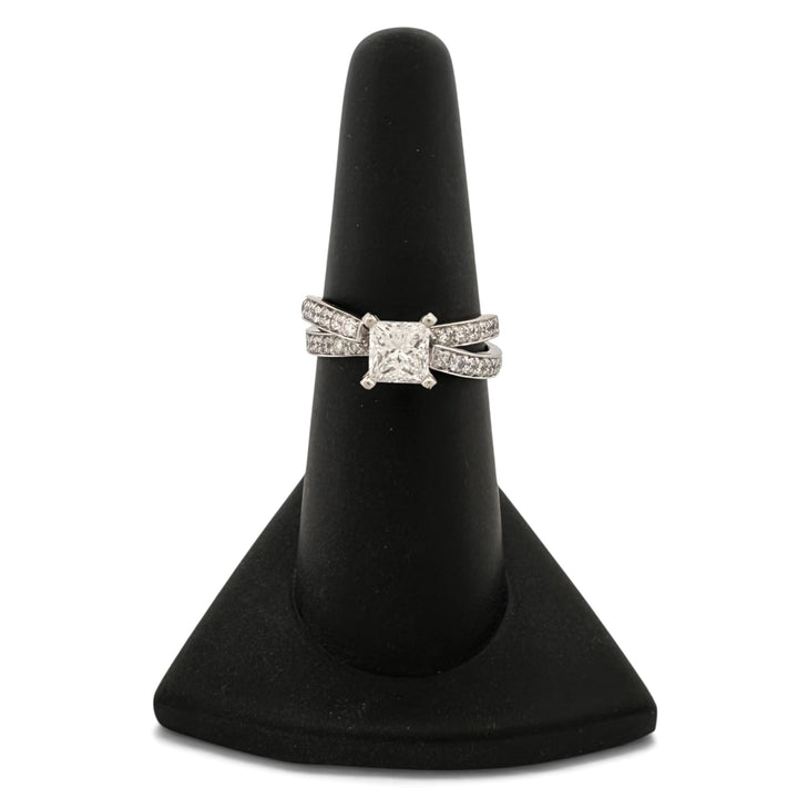 1.01ct Princess Cut Center with Round Brilliant Natural Diamond Crisscross Engagement Ring in 14k White Gold
