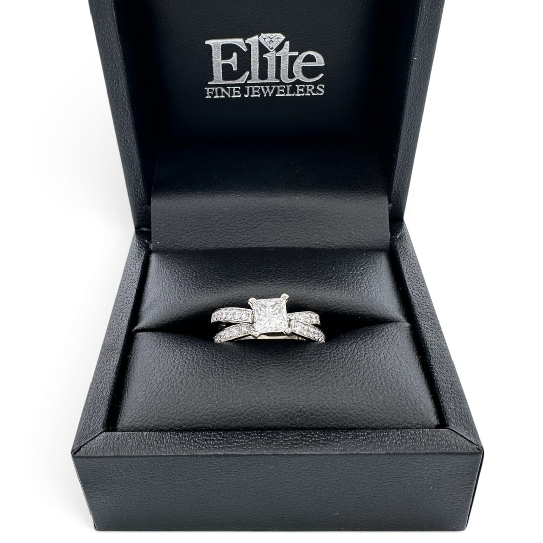 1.01ct Princess Cut Center with Round Brilliant Natural Diamond Crisscross Engagement Ring in 14k White Gold
