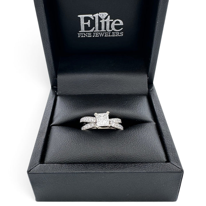 1.01ct Princess Cut Center with Round Brilliant Natural Diamond Crisscross Engagement Ring in 14k White Gold