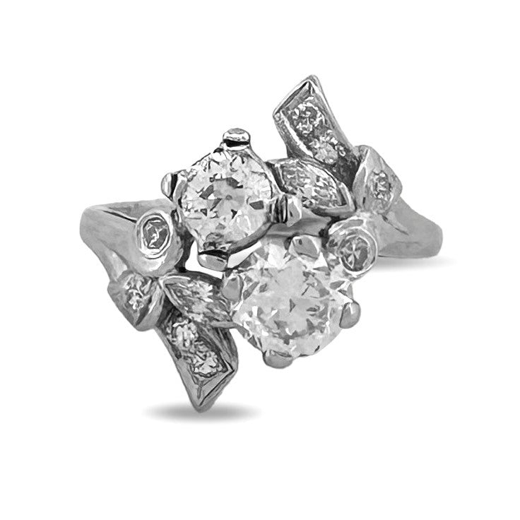Vintage Old European, Marquise and Round Diamond Toi et Moi Cocktail Ring in 14k White Gold