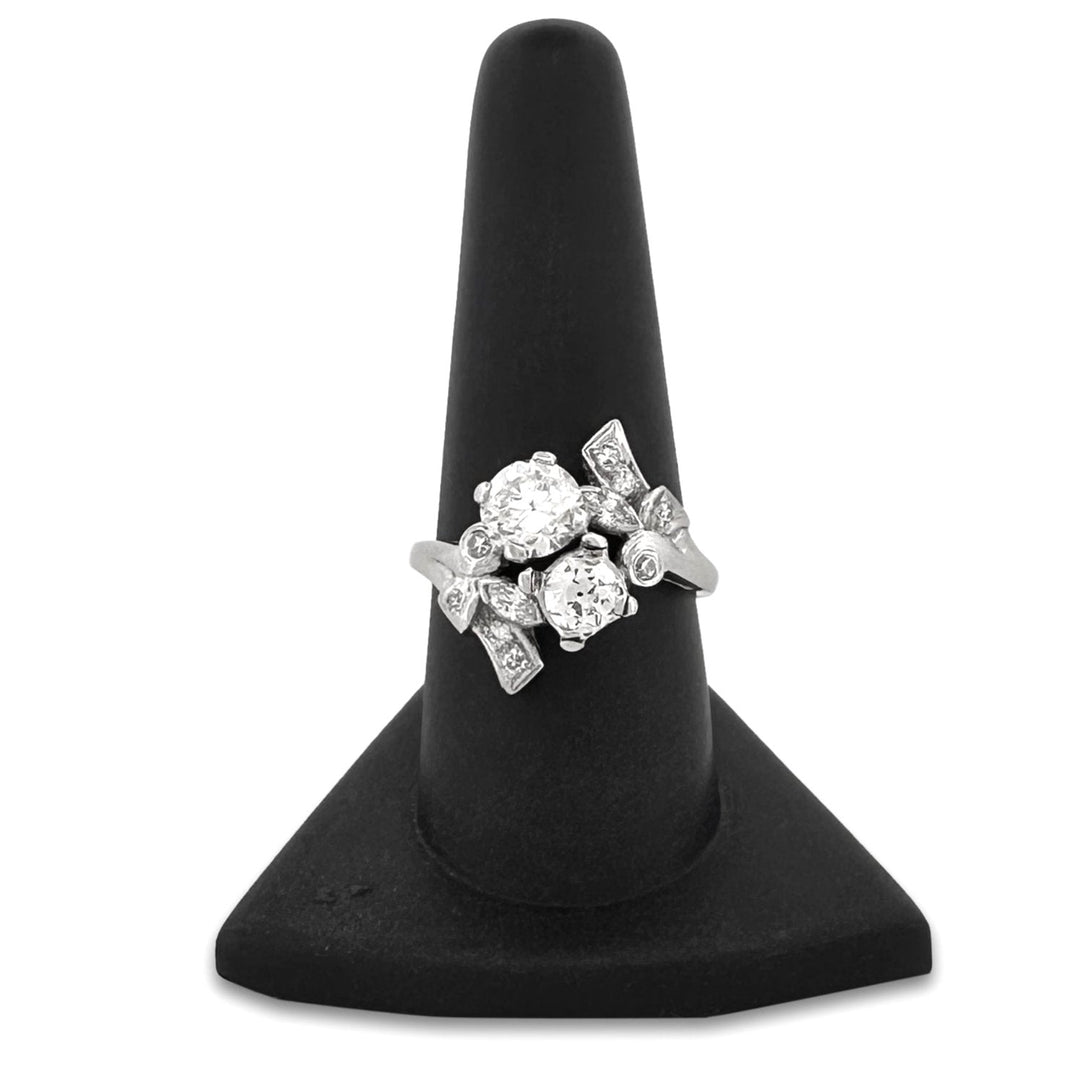 Vintage Old European, Marquise and Round Diamond Toi et Moi Cocktail Ring in 14k White Gold