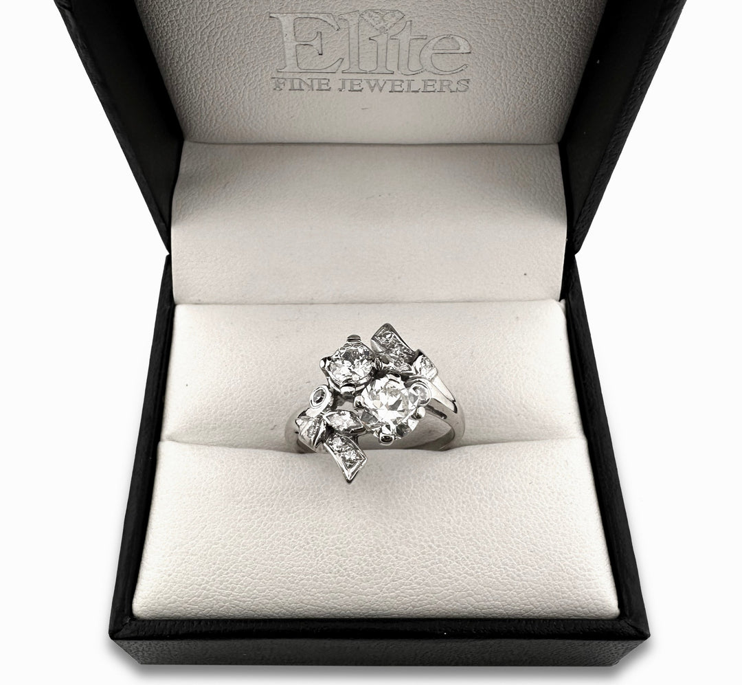 Vintage Old European, Marquise and Round Diamond Toi et Moi Cocktail Ring in 14k White Gold