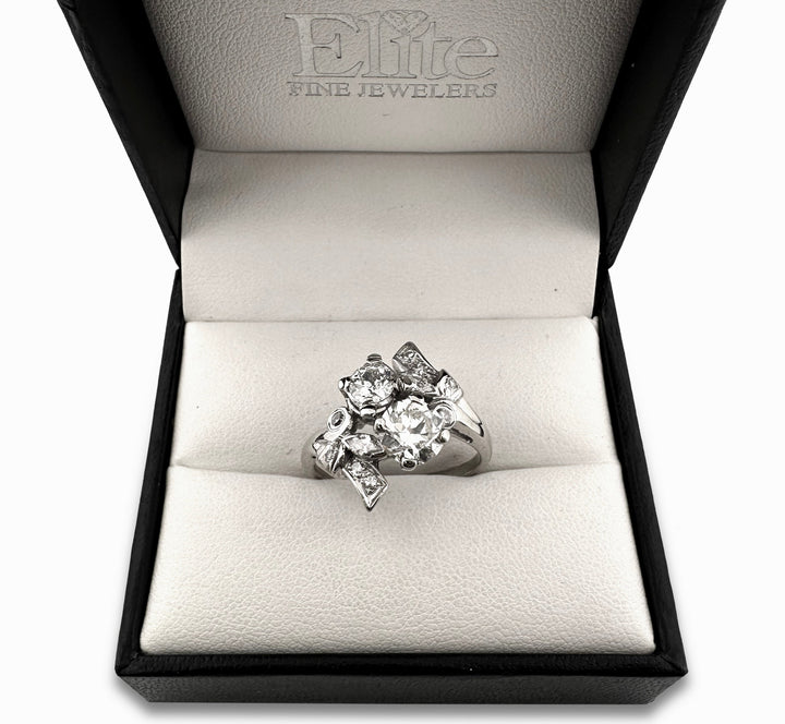 Vintage Old European, Marquise and Round Diamond Toi et Moi Cocktail Ring in 14k White Gold