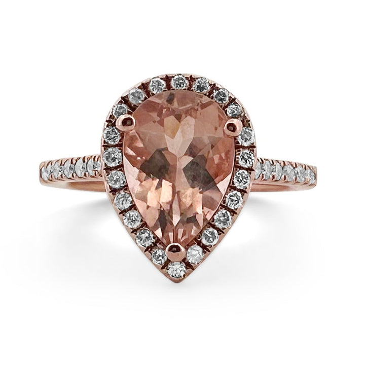 Pear Shaped Morganite with Diamond Halo in 14k Rose Gold Ring