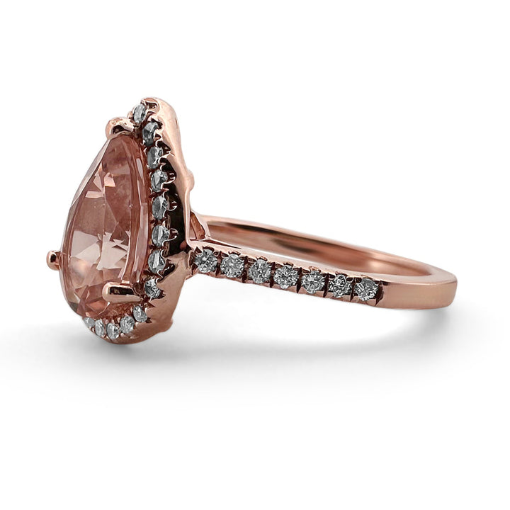 Pear Shaped Morganite with Diamond Halo in 14k Rose Gold Ring