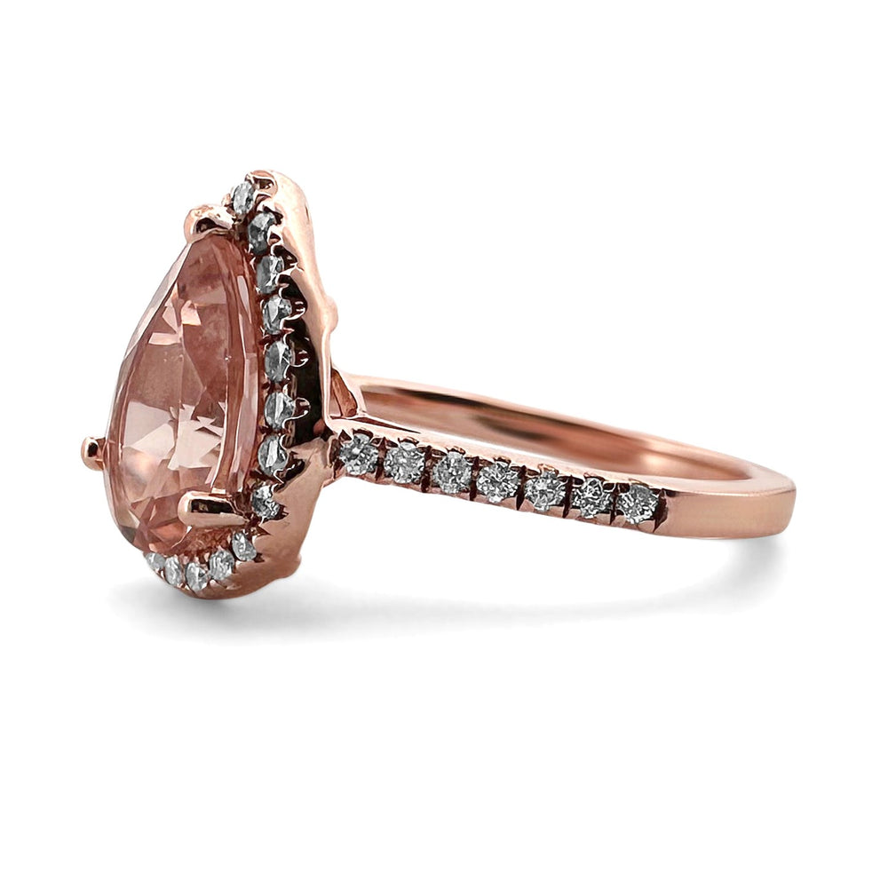 Pear Shaped Morganite with Natural Diamond Halo Ring in 14k Rose Gold