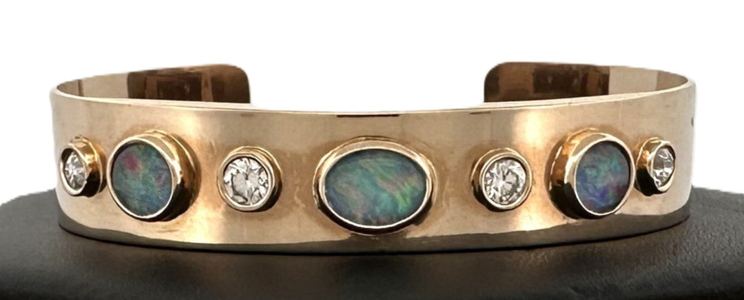 Opal Triplet and 1ctw Round Brilliant Natural Diamond Cuff Bracelet in 18kt Yellow Gold