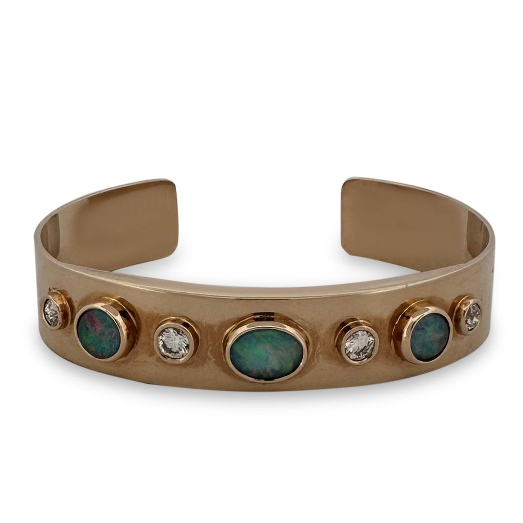 Opal Triplet and 1ctw Round Brilliant Natural Diamond Cuff Bracelet in 18kt Yellow Gold