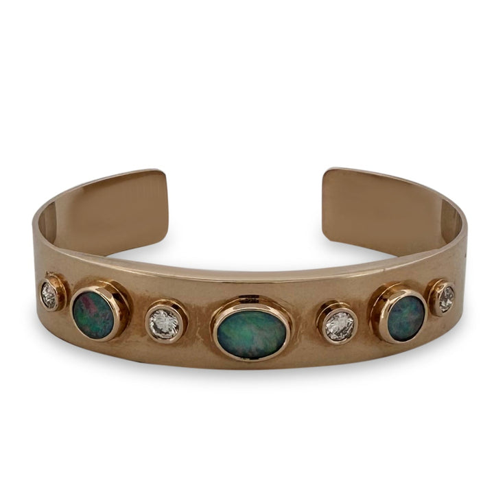 Opal Triplet and 1ctw Round Brilliant Natural Diamond Cuff Bracelet in 18kt Yellow Gold