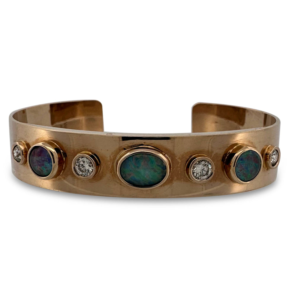 Opal Triplet and 1ctw Round Brilliant Natural Diamond Cuff Bracelet in 18kt Yellow Gold