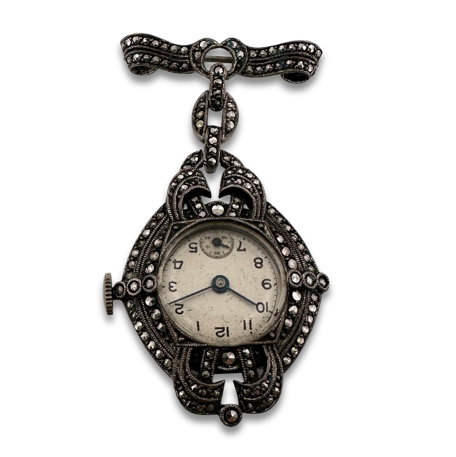 Vintage Marcasite Watch Brooch in .800 Silver