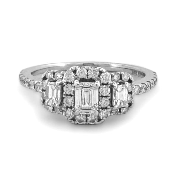1ctw 3-Stone Emerald and Round Brilliant Halo Natural Diamond Engagement Ring in 14k White Gold