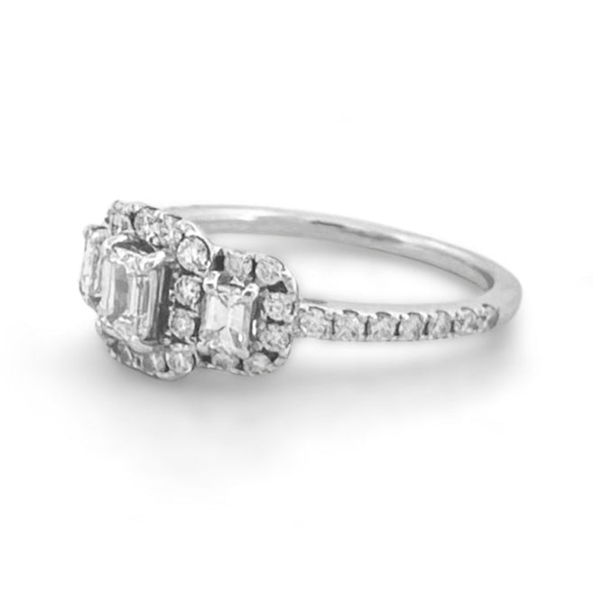 1ctw 3-Stone Emerald and Round Halo Natural Diamond Engagement Ring in 14k White Gold