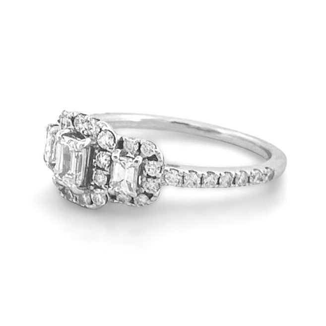 1ctw 3-Stone Emerald and Round Brilliant Halo Natural Diamond Engagement Ring in 14k White Gold