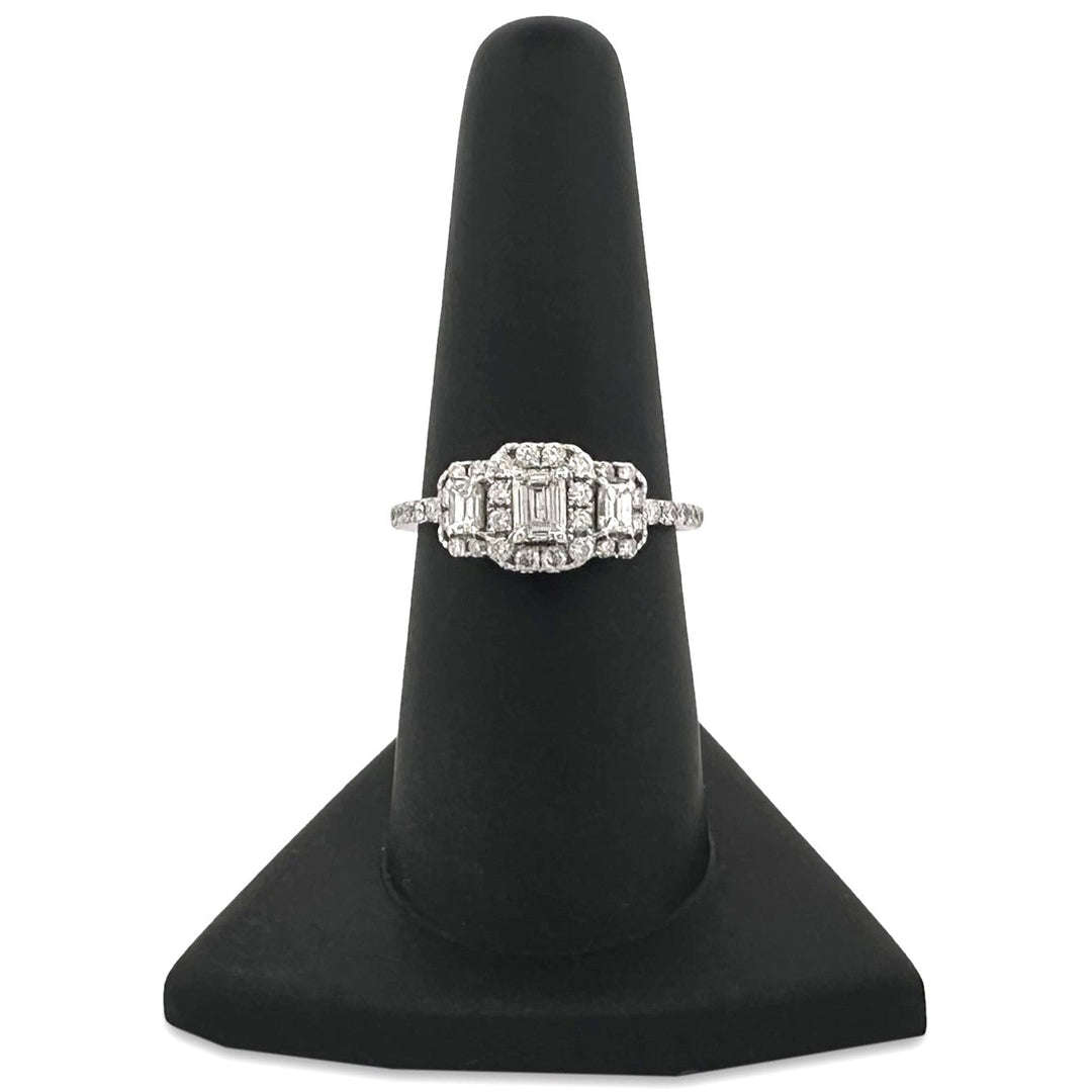 1ctw 3-Stone Emerald and Round Brilliant Halo Natural Diamond Engagement Ring in 14k White Gold