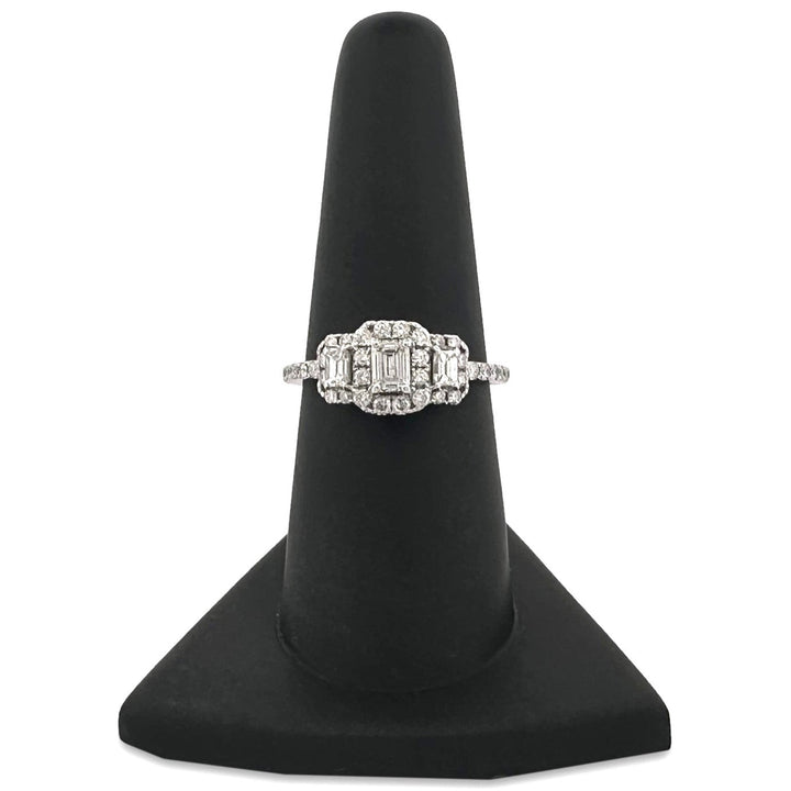 1ctw 3-Stone Emerald and Round Brilliant Halo Natural Diamond Engagement Ring in 14k White Gold